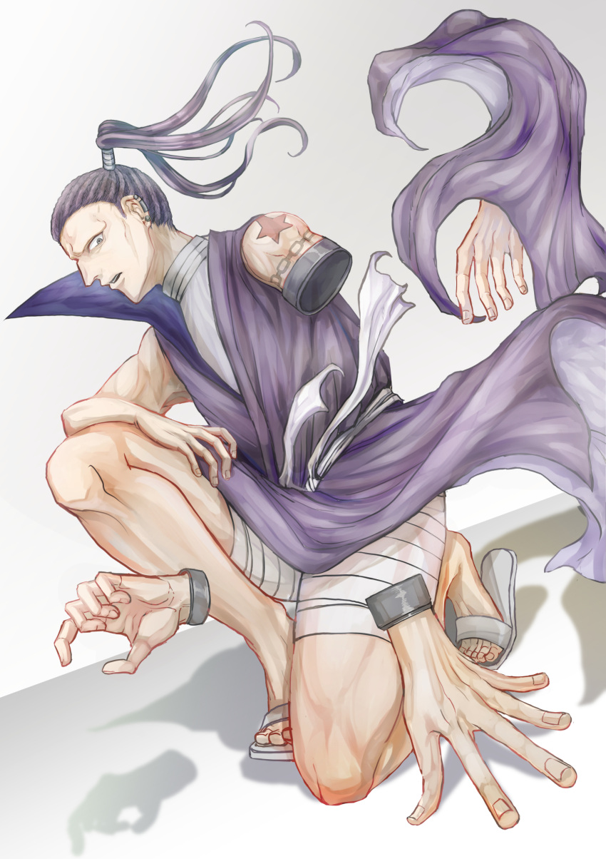 1boy bandaged_leg bandages braid disembodied_limb fighting_stance floating_hair full_body hasuno_ne highres hunter_x_hunter japanese_clothes kimono long_hair looking_at_viewer male_focus ponytail purple_hair purple_kimono shoot_mcmahon solo