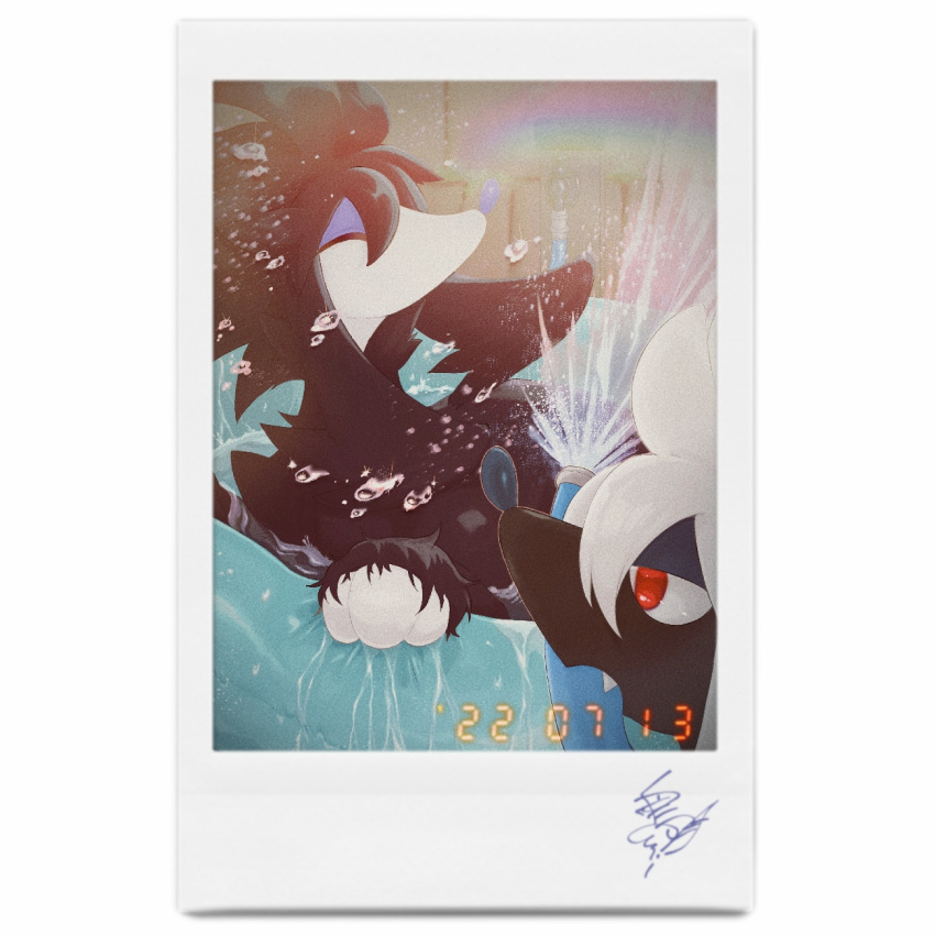 ^_^ alternate_color animal_focus artist_name black_hair border closed_eyes commentary_request dated dog fang faucet furfrou furfrou_(natural) highres hose innertube long_hair mawari_yado_inori_ootori_maru mouth_hold no_humans open_mouth partially_submerged pokemon pokemon_(creature) polaroid profile rainbow shiny_pokemon sidelocks signature simple_background splashing water white_background white_border white_hair