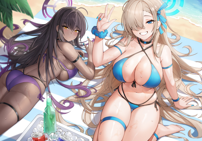 2girls absurdres alternate_costume arm_strap ass asuna_(blue_archive) bare_shoulders barefoot beach beach_towel bikini black_choker black_hair blonde_hair blue_archive blue_bikini blue_eyes blue_nails blue_ribbon blue_scrunchie blush bottle breasts can choker cleavage collarbone cooler dark-skinned_female dark_skin drink from_above hair_ornament hair_over_one_eye hair_ribbon halo hand_up highres ice karin_(blue_archive) kneeling large_breasts long_hair looking_back looking_up lying morung multicolored_hair multiple_girls nail_polish navel on_stomach one_eye_covered outdoors parted_lips purple_bikini purple_hair ribbon scrunchie side-tie_bikini_bottom smile soles stomach sweat swimsuit teeth thigh_strap thighs towel two-tone_hair very_long_hair water wet wrist_scrunchie yellow_eyes