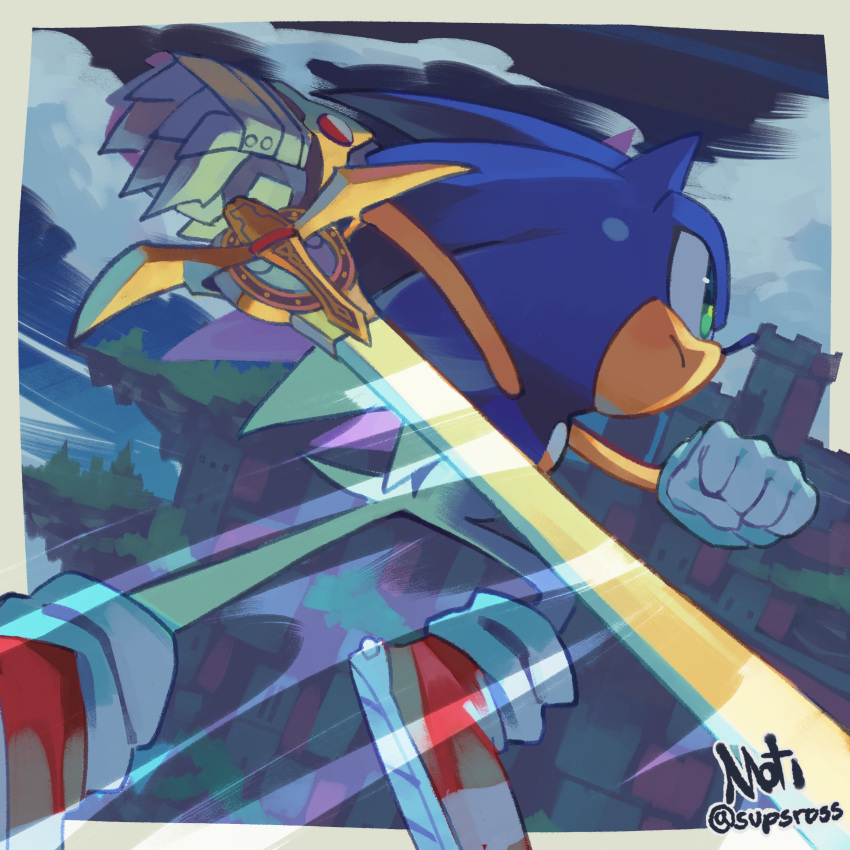 1boy absurdres animal_ears animal_nose caliburn_(sonic) clenched_hand closed_mouth cloud commentary full_body furry furry_male gauntlets gloves green_eyes highres holding holding_sword holding_weapon male_focus outdoors red_footwear shoes single_gauntlet solo sonic_(series) sonic_and_the_black_knight sonic_the_hedgehog supsross sword tail twitter_username weapon white_gloves