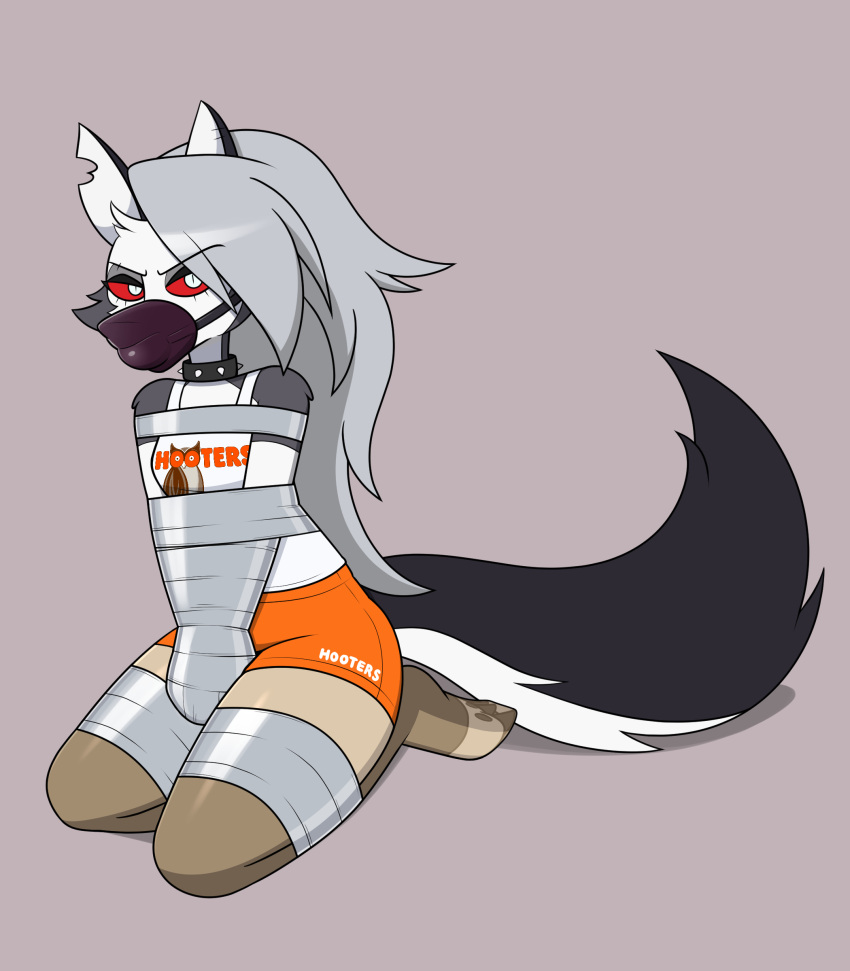 absurd_res anthro bottomwear bound canid canid_demon clothing collar demon english_text female frogtied gag hellhound helluva_boss hi_res hooters hooters_uniform hotpants kneeling legs_tied legwear looking_at_viewer loona_(helluva_boss) mammal muzzle_(object) muzzle_gag muzzled nivek15 pantyhose pawpads red_sclera shorts solo spiked_collar spikes tape tape_bondage text