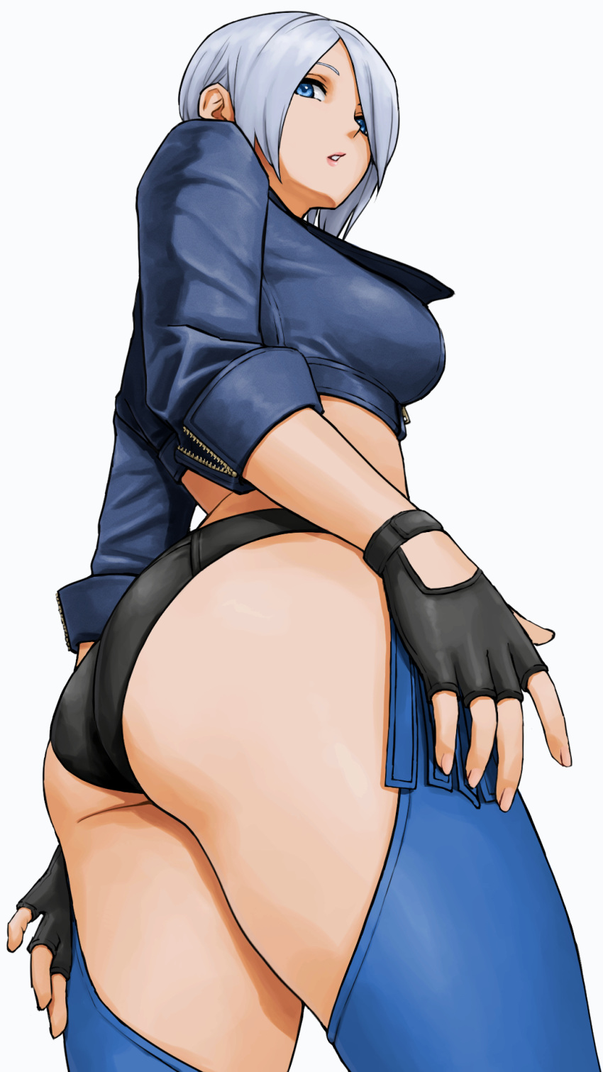 1girl angel_(kof) ass ass_focus backless_pants blue_eyes breasts chaps crop_top cropped_jacket fingerless_gloves gloves hair_over_one_eye highres jacket large_breasts leather leather_jacket looking_at_viewer panties pants short_hair snk solo the_king_of_fighters the_king_of_fighters_xiv underwear white_hair x_chitch