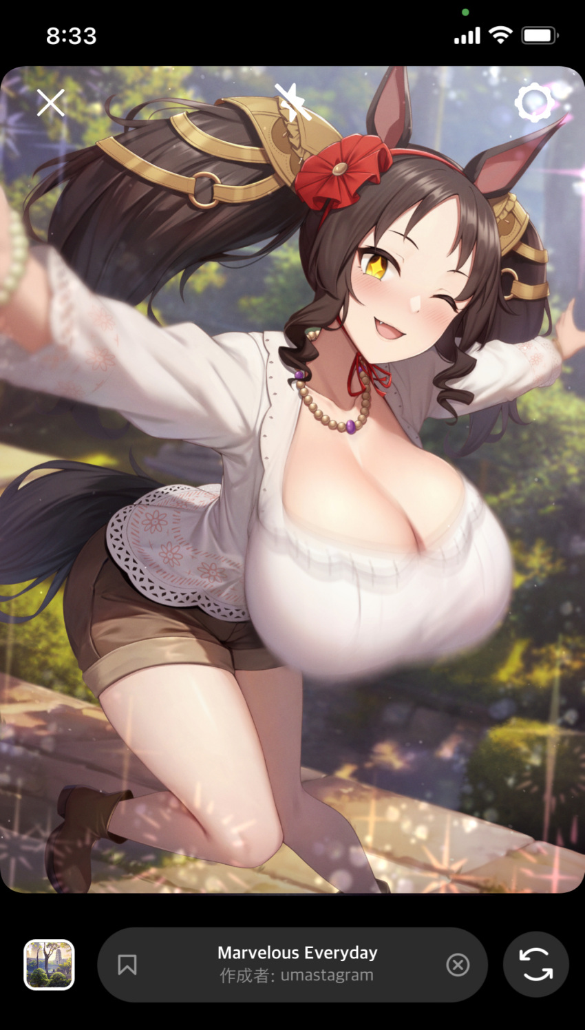 +_+ 1girl ;d animal_ears black_hair boots bouncing_breasts bracelet breasts brown_footwear brown_shorts cleavage drill_locks fang floral_print flower hair_flower hair_ornament headband highres horse_ears horse_girl horse_tail huge_breasts jewelry kannko_bokujou lace-trimmed_shirt lace_trim long_hair long_sleeves looking_at_viewer marvelous_sunday_(umamusume) neck_ribbon necklace one_eye_closed orange_eyes outdoors outstretched_arms phone_screen red_headband red_ribbon ribbon shirt shorts smile solo sparkle tail taking_picture twintails umamusume white_shirt