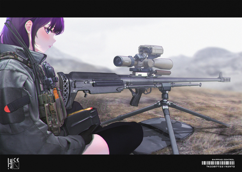 1girl absurdres barcode black_gloves black_thighhighs blue_eyes blurry blurry_background blush cable camouflage closed_mouth english_text from_side gloves grey_jacket gun highres holding jacket letterboxed load_bearing_vest looking_at_viewer mountainous_horizon nature on_ground original outdoors pantyhose profile purple_hair rifle scope sideways_glance sitting snap-fit_buckle sniper_rifle solo thighhighs tiewan turtleneck weapon weapon_request