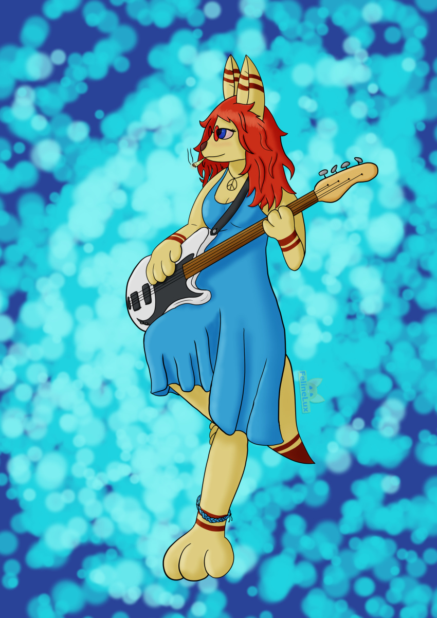 absurd_res ankle_band anthro bass_guitar blue_clothing blue_dress blue_eyes canid canine clothing dress drugs eyewear felinelux female fox fur guitar hair hi_res hippie jewelry mammal marijuana markings musical_instrument necklace pinup plucked_string_instrument pose red_hair red_markings scarlet_dawn smile solo string_instrument sunglasses yellow_body yellow_fur