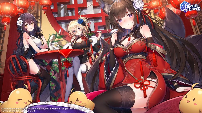 &gt;_&lt; 3girls :d absurdres alternate_hairstyle amagi_(azur_lane) animal_ears azuma_(azur_lane) azuma_(soft_voice_of_spring)_(azur_lane) azur_lane bare_shoulders bird bismarck_(azur_lane) black_dress black_gloves black_hair black_thighhighs blonde_hair blue_flower breasts brown_hair chair chick china_dress chinese_clothes chinese_new_year crossed_legs cup detached_sleeves dress feather_boa flower fox_ears fox_tail gloves hair_flower hair_ornament highres holding kitsune kt._(kaisou-notagui) lantern large_breasts lattice long_hair long_sleeves looking_at_viewer manjuu_(azur_lane) multiple_girls multiple_tails official_alternate_costume official_art open_mouth paper_lantern pelvic_curtain pillow purple_eyes red_dress rose round_window sakazuki side_slit sitting sleeveless sleeveless_dress smile table tail thick_eyebrows thighhighs tokkuri watermark white_flower white_thighhighs wide_sleeves window yellow_eyes