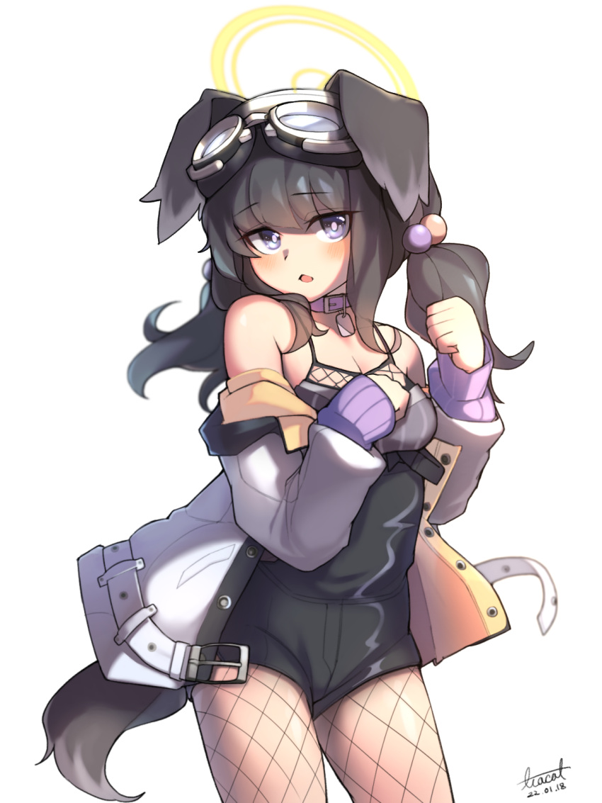 1girl animal_ears black_hair black_shorts blue_archive blueflycat collar dog_ears dog_girl dog_tags dog_tail eyewear_on_head fishnet_pantyhose fishnets goggles goggles_on_head halo hands_up hibiki_(blue_archive) highres jacket looking_at_viewer open_mouth pantyhose purple_eyes shorts solo tail white_jacket yellow_halo