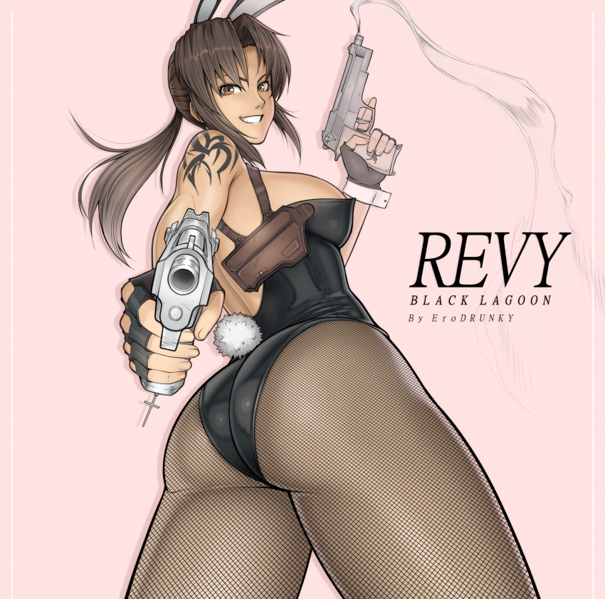 1girl aiming aiming_at_viewer animal_ears artist_name ass backless_leotard beretta_92 black_gloves black_lagoon black_leotard breasts brown_eyes brown_hair character_name copyright_name cross dual_wielding english_commentary erodrunky fake_animal_ears fake_tail finger_on_trigger fingerless_gloves fishnet_pantyhose fishnets gloves grin gun hair_intakes hair_pulled_back handgun highres holding holster large_breasts latin_cross leotard long_hair looking_back pantyhose pink_background playboy_bunny ponytail rabbit_ears revy_(black_lagoon) shoulder_holster shoulder_tattoo sideboob sidelocks smile smoke smoking_gun solo strapless strapless_leotard tail tattoo teeth thick_thighs thighs toned trigger_discipline weapon wrist_cuffs