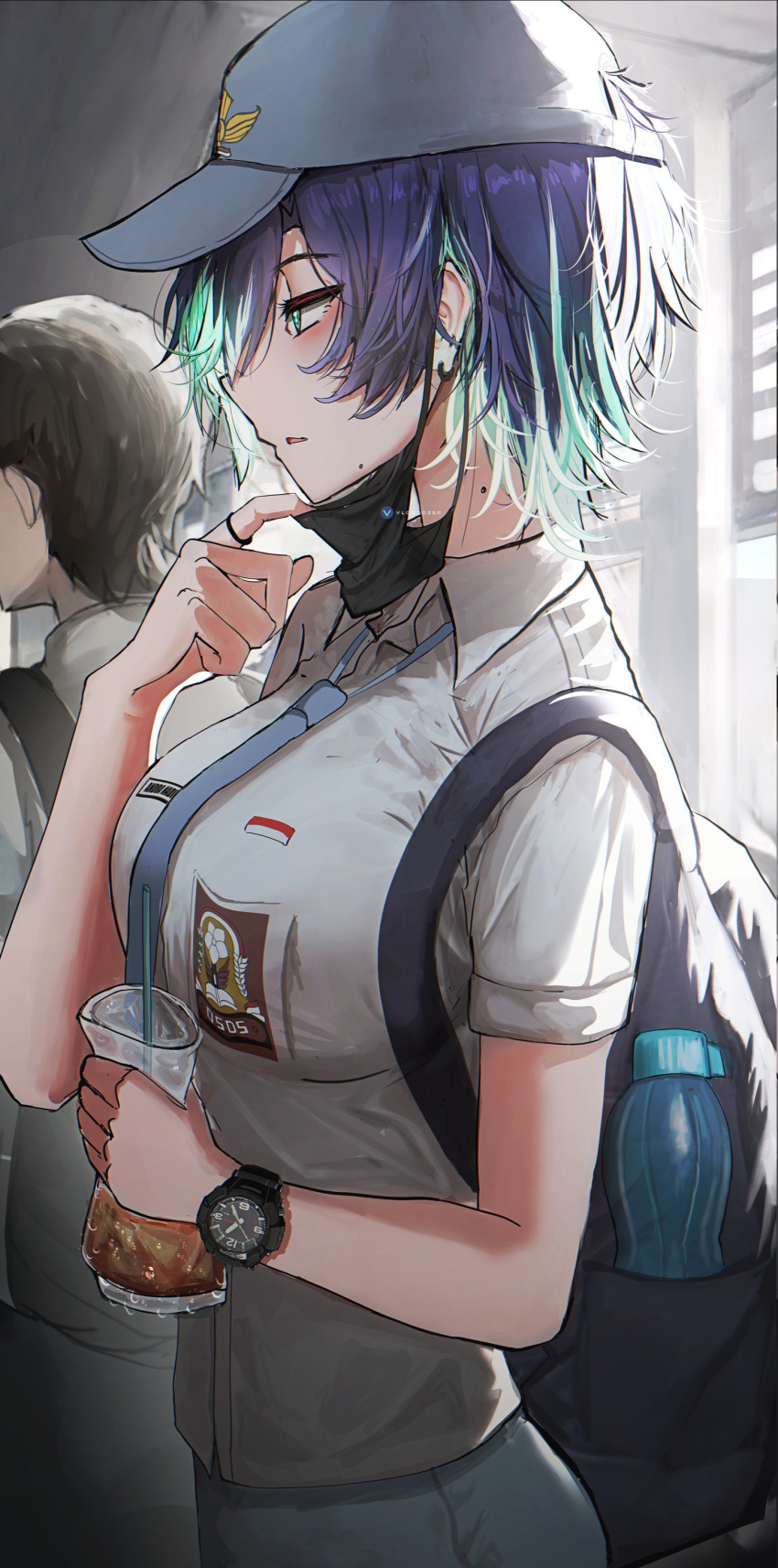 1boy 1girl absurdres aqua_eyes aqua_hair artist_logo backpack bag blue_hair blue_headwear blue_necktie breasts collared_shirt drink highres holding holding_drink indonesian_high_school_uniform large_breasts looking_at_viewer mask mask_pull mouth_mask multicolored_hair necktie original parted_lips school_uniform shirt short_hair short_sleeves solo_focus streaked_hair upper_body vloodozer watch