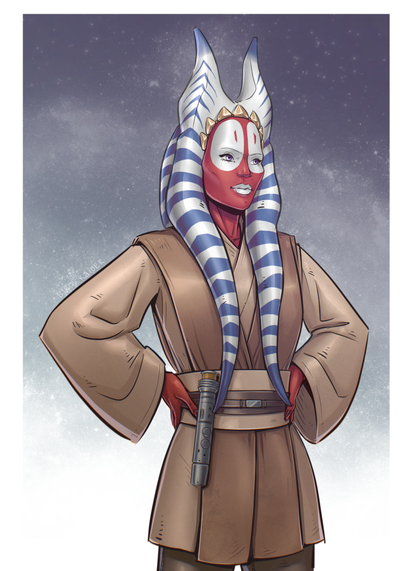 1girl absurdres alien belt birdyraider border brown_pants brown_tunic colored_skin energy_sword facepaint hands_on_own_hips highres lightsaber pants purple_eyes red_skin shaak_ti solo star_wars sword togruta weapon white_border white_lips