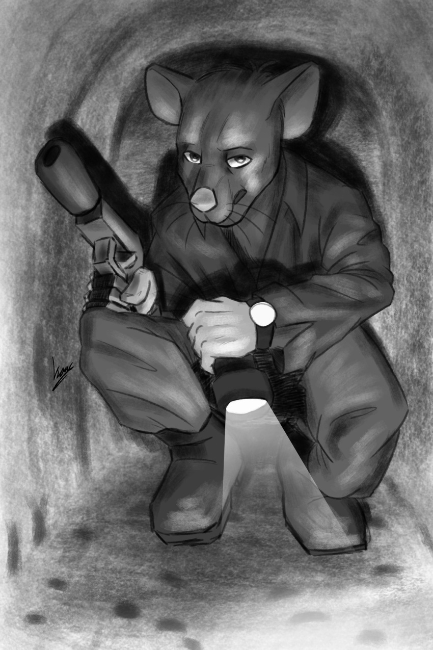 2:3 anthro army black_and_white boots claustrophobia clock clothed clothing crouching digital_media_(artwork) dim_lighting dirt dirty fingerless_gloves flashlight footwear gloves greyscale gun handgun handwear hi_res holding_gun holding_object holding_weapon light lighting looking_at_viewer male mammal metrosaurus military monochrome mouse murid murine pistol ranged_weapon rat rodent shadow shirt signature silencer simple_background sketch soldier solo topwear tunnel tunnels underground uniform united_states_of_america vietnam vietnam_war warrior watch weapon wristwatch