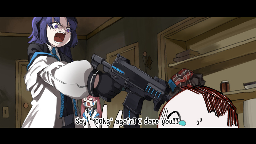 1boy 2girls angry arona's_sensei_doodle_(blue_archive) blue_archive blue_necktie changecolor collared_shirt crying english_commentary english_text gun highres holding holding_gun holding_weapon indoors koyuki_(blue_archive) long_hair looking_at_another multiple_girls necktie off_shoulder open_mouth parody parted_bangs pink_hair pointing_gun pulp_fiction purple_eyes purple_hair sensei_(blue_archive) shirt sig_mpx submachine_gun suit sweatdrop teeth threat twintails upper_body weapon white_shirt yuuka_(blue_archive)