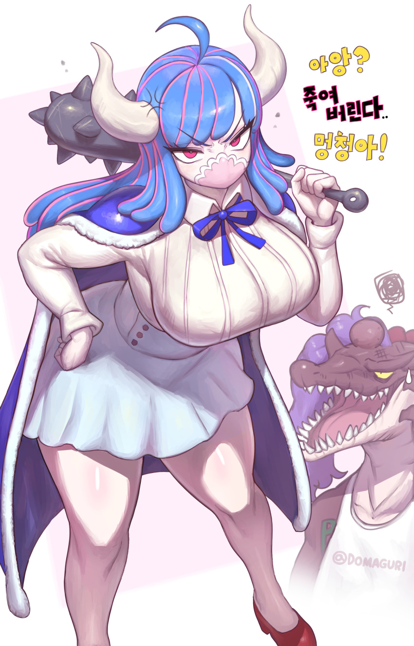 1girl 1other ahoge anger_vein angry artist_name blue_bow blue_cape blue_necktie blue_skirt bow breasts cape club_(weapon) collared_shirt dinosaur domaguri fur-trimmed_cape fur_trim hand_on_own_hip highres holding holding_weapon horns large_breasts long_hair looking_at_viewer mask mouth_mask multicolored_hair necktie one_piece open_mouth over_shoulder pink_eyes pink_hair red_eyes red_footwear sharp_teeth shirt shoes skirt spiked_club teeth thighs translation_request two-tone_hair ulti_(one_piece) weapon weapon_over_shoulder white_shirt