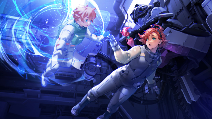 2girls ahoge blue_eyes end_card ericht_samaya floating floating_hair gloves grey_gloves gundam gundam_lfrith gundam_suisei_no_majo hair_behind_ear long_hair low_ponytail mecha mobile_suit multiple_girls official_art open_mouth redjuice robot science_fiction short_hair smile spacesuit suletta_mercury