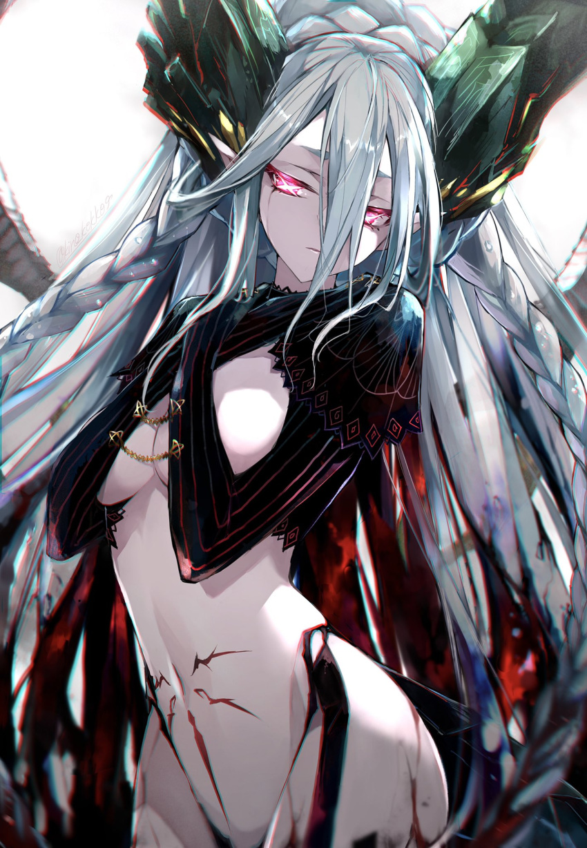 1girl aqua_hair black_gloves braid breasts chain curled_horns elbow_gloves fate/grand_order fate_(series) gloves glowing glowing_eyes hair_between_eyes highres horns kino_kokko large_breasts long_hair long_horns looking_to_the_side navel pink_eyes pointy_ears shrug_(clothing) stomach_tattoo striped striped_gloves symbol-shaped_pupils tattoo tiamat_(fate) twin_braids vertical-striped_gloves vertical_stripes very_long_hair