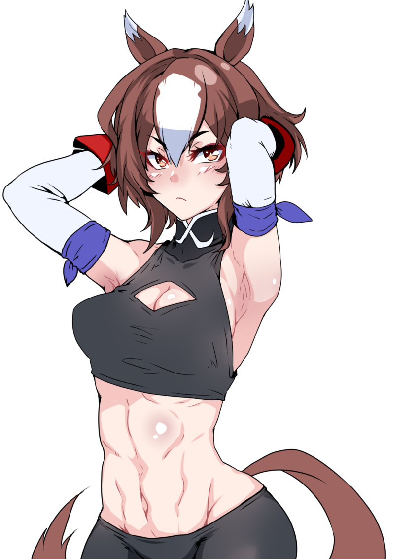 1girl animal_ears armpits arms_up bike_shorts black_shirt black_shorts breasts brown_eyes brown_hair cleavage_cutout closed_mouth clothing_cutout elbow_gloves frown gloves groin halterneck hands_in_hair high_collar highres horse_ears horse_girl horse_tail kamen_no_hito looking_at_viewer medium_breasts multicolored_hair muscular muscular_female navel shirt short_hair shorts simple_background sirius_symboli_(umamusume) sleeveless sleeveless_shirt solo standing tail two-tone_hair umamusume white_background white_gloves white_hair