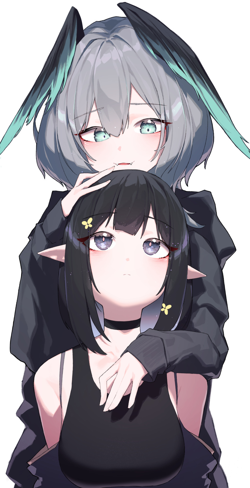 2girls absurdres arknights beudelb black_choker black_hair black_jacket black_tank_top blush breasts butterfly_hair_ornament choker commission detached_sleeves eunectes_(arknights) fangs fangs_out green_eyes grey_hair hair_ornament head_wings headpat highres ho'olheyak_(arknights) jacket large_breasts multiple_girls open_clothes open_jacket pixiv_commission purple_eyes shirt short_hair simple_background sleeveless sleeveless_shirt tank_top white_background wings yuri