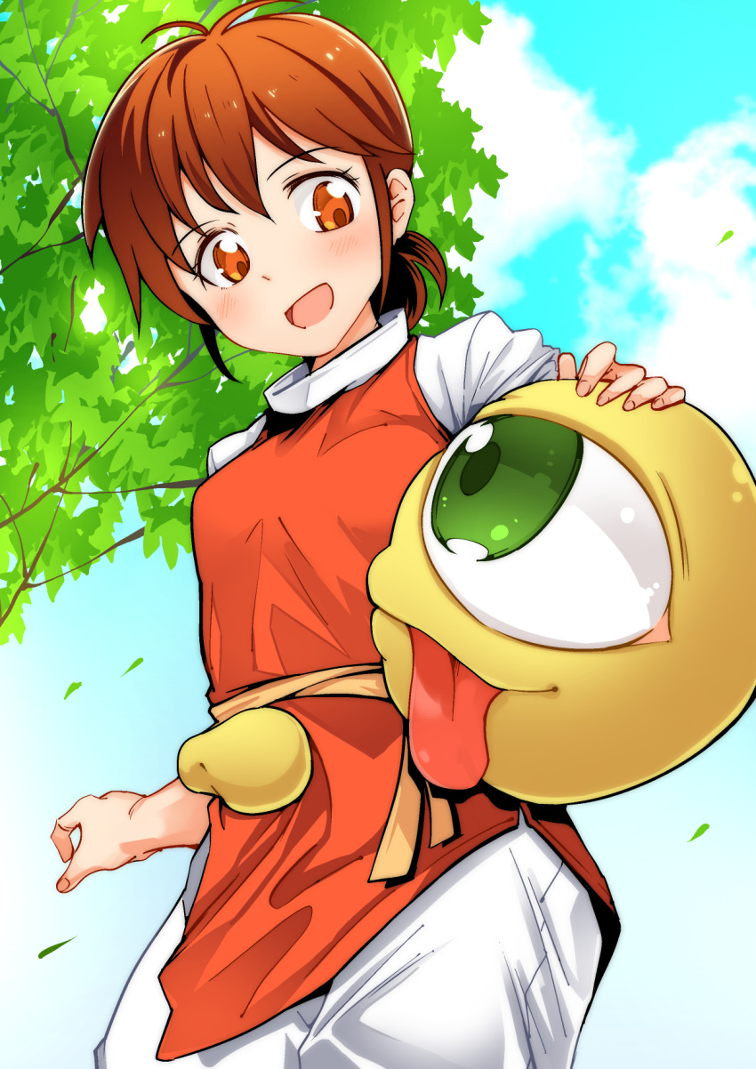 1girl breasts brown_hair colt_(monster_farm) day eye_contact green_eyes highres looking_at_another monster_farm outdoors red_eyes red_shirt shirt short_hair small_breasts standing suezo tomurasuisen tongue tongue_out tree