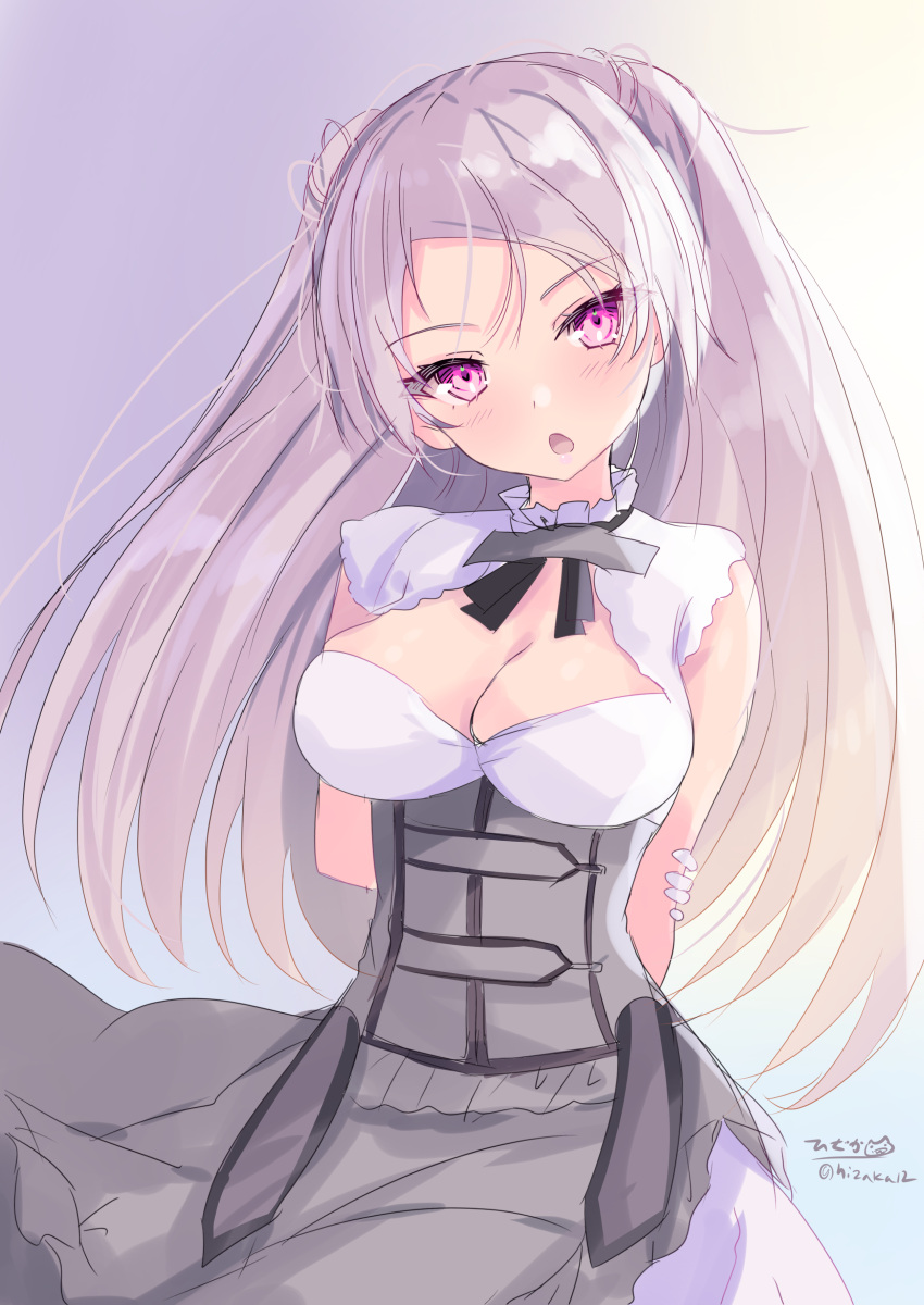 1girl absurdres armpit_cutout blush breasts cleavage cleavage_cutout clothing_cutout conte_di_cavour_(kancolle) conte_di_cavour_nuovo_(kancolle) corset cowboy_shot dated dress frilled_dress frills gloves grey_dress grey_hair highres hizaka kantai_collection large_breasts layered_dress long_hair purple_eyes signature solo two-tone_dress two_side_up white_dress white_gloves