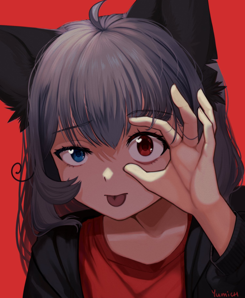 1girl animal_ears cat_ears heterochromia highres long_sleeves looking_at_viewer ok_sign ok_sign_over_eye original portrait simple_background solo tongue tongue_out yumich