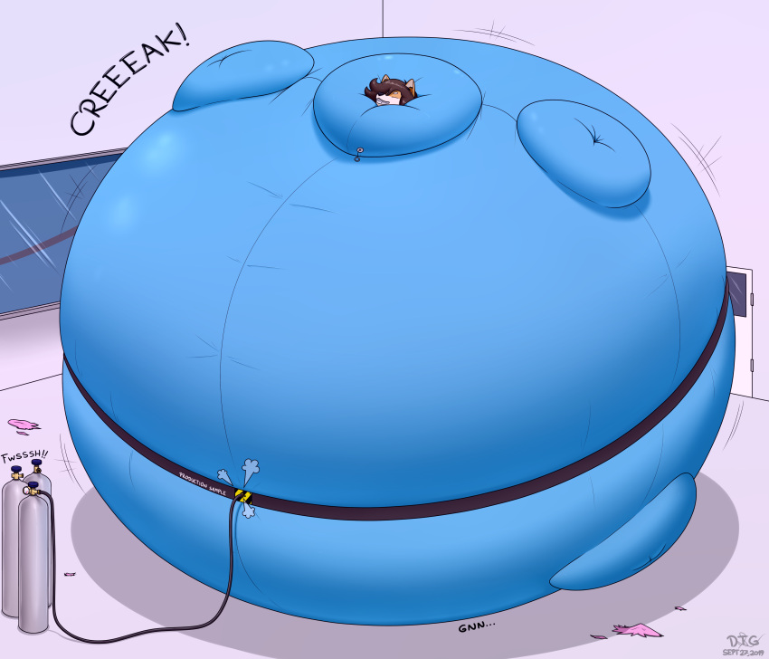 2019 absurd_res air_inflation anthro canid canine canis clothing dated day-tripper-guy domestic_dog door evil_grin eyes_closed helium_inflation helium_tank hi_res immobile inflatable_suit inflation isaac_(day-tripper-guy) looking_pleasured mammal motion_lines onomatopoeia shadow shiba_inu signature smile sound_effects spitz text torn_clothing