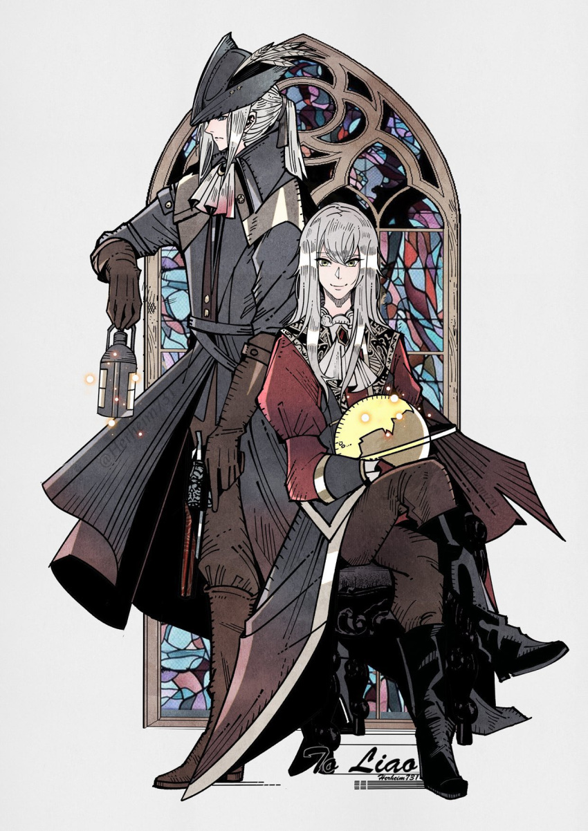 2girls artist_name ascot black_coat black_footwear black_headwear bloodborne brown_footwear brown_gloves brown_pants chair character_request closed_mouth coat denny626 gloves green_eyes grey_hair gun handgun hat hat_feather highres holding holding_gun holding_lamp holding_weapon juliet_sleeves lady_maria_of_the_astral_clocktower long_hair long_sleeves looking_at_viewer multiple_girls pants ponytail puffy_sleeves sitting smile tricorne weapon white_ascot white_background window