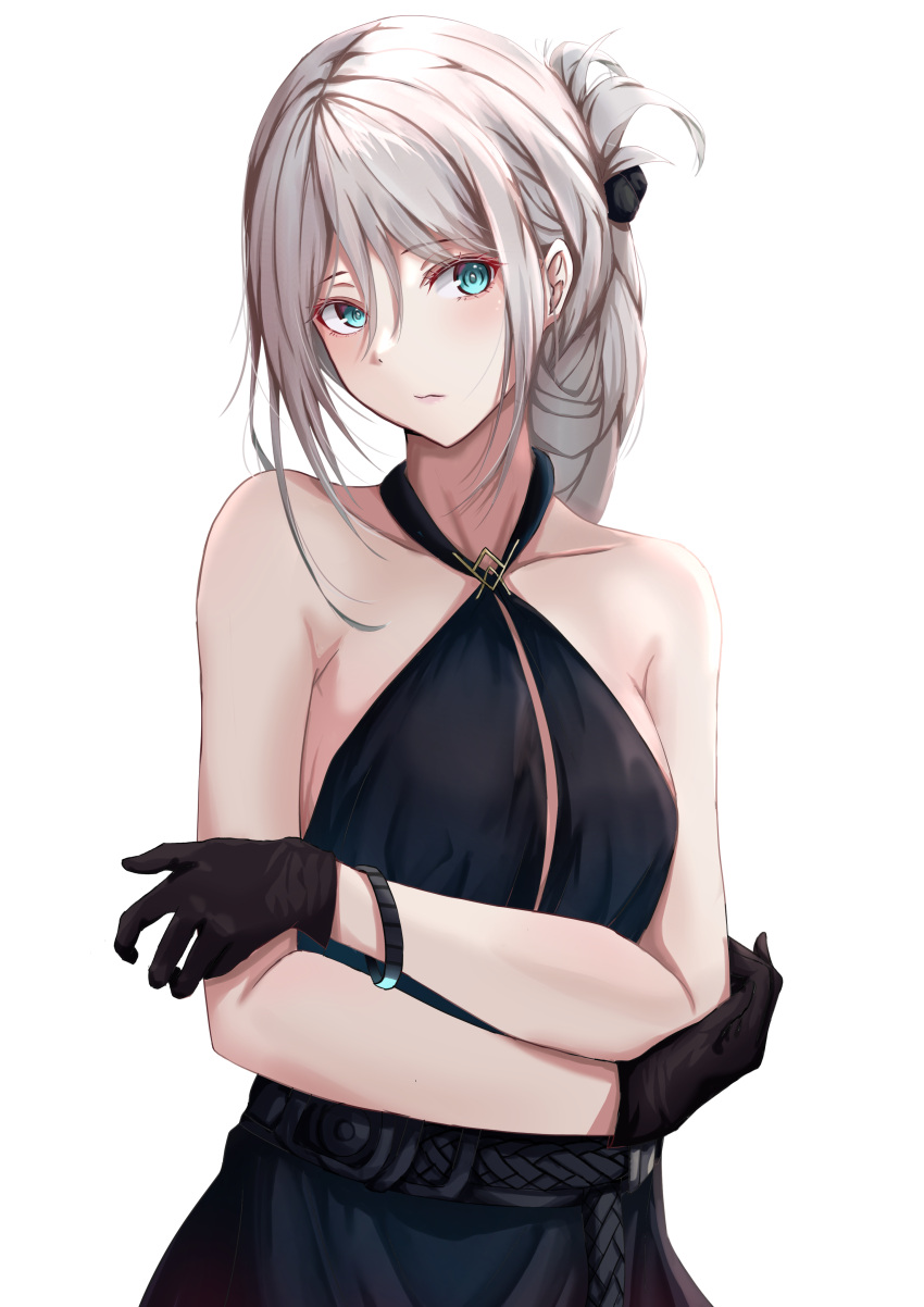 1girl absurdres an-94_(girls'_frontline) bare_shoulders black_dress black_gloves blue_eyes closed_mouth collarbone commentary crossed_arms dress girls'_frontline gloves grey_hair hair_between_eyes halter_dress halterneck highres long_hair looking_at_viewer satsumaagee simple_background sleeveless sleeveless_dress solo white_background
