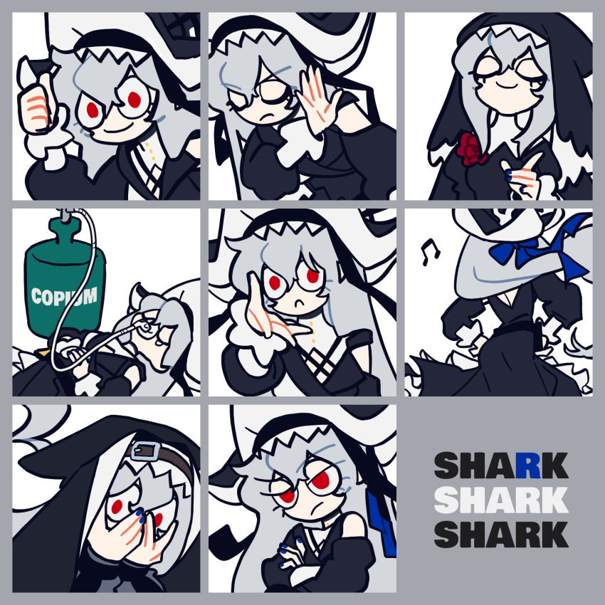 1girl arknights black_dress black_veil blue_nails closed_mouth copium_(meme) crossed_arms dancing drakeposting_(meme) dress dual_persona eminem_throwing_a_fat_rat_(meme) expression_chart frown highres long_hair looking_at_viewer meme multiple_views oxygen_mask oxygen_tank red_eyes specter_(arknights) specter_the_unchained_(arknights) veil very_long_hair white_hair xity