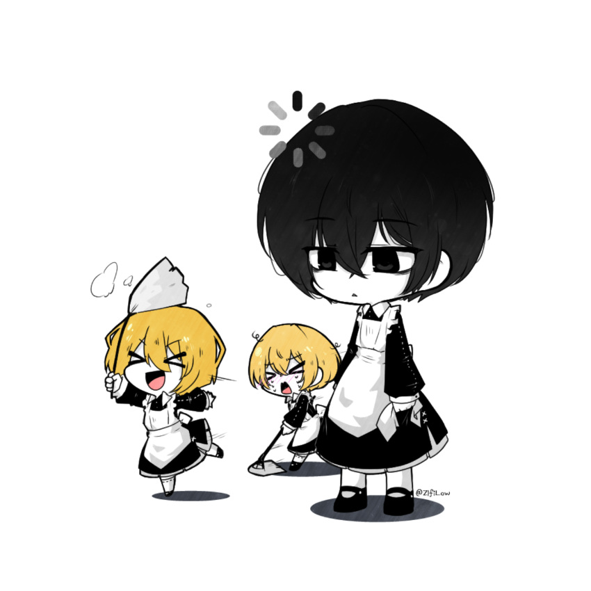 &gt;_&lt; 1girl 2boys alternate_costume apron black_dress black_eyes black_footwear black_hair blonde_hair chibi closed_eyes collared_dress colored_skin commentary crossed_bangs crying don_quixote_(limbus_company) dress duster enmaided frilled_dress frills hair_between_eyes highres holding holding_duster holding_handkerchief holding_mop limbus_company long_sleeves maid maid_apron mary_janes mop multiple_boys n.i open_mouth project_moon shoes short_hair sinclair_(limbus_company) smile socks symbol-only_commentary triangle_mouth white_apron white_background white_skin white_socks yi-sang_(limbus_company)