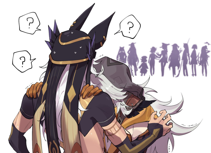 2boys 6+girls ? animal_hat antenna_hair bridal_gauntlets character_request commentary_request confused cyno_(genshin_impact) facing_another fischl_(genshin_impact) genshin_impact gloves grey_hair hands_on_another's_shoulders hat highres hood hood_up keqing_(genshin_impact) lisa_(genshin_impact) long_hair multiple_boys multiple_girls nervous_sweating oz_(genshin_impact) raiden_shogun razor_(genshin_impact) short_sleeves silhouette spoken_question_mark standing sweat tan trembling very_long_hair yuka_(pixiv38407039)