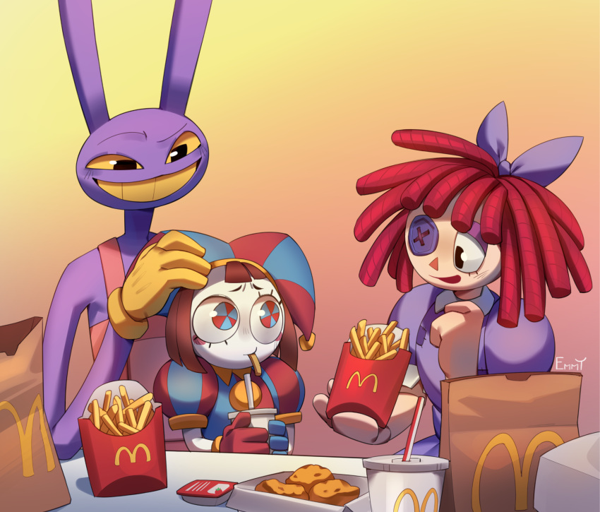 1boy 2girls animal_ears artist_name asymmetrical_gloves bag blue_bow blue_dress blue_gloves blush blush_stickers bow box brown_hair button_eyes chicken_nuggets colored_sclera colored_skin cup dress drinking_straw emmyliquid eyeshadow food french_fries gloves gradient_background hair_bow hat highres jax_(the_amazing_digital_circus) jester jester_cap jester_costume ketchup makeup mcdonald's mismatched_gloves multiple_girls open_box overalls pomni_(the_amazing_digital_circus) purple_eyeshadow purple_fur rabbit_boy rabbit_ears ragatha_(the_amazing_digital_circus) red_gloves red_hair red_overalls smile teeth the_amazing_digital_circus two-tone_eyes white_skin yellow_gloves yellow_sclera yellow_teeth yoru_mac