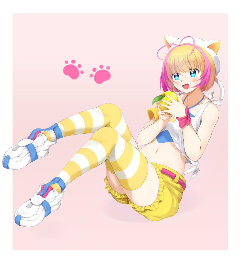 1girl absurdres animal_hat antenna_hair apple belt blue_eyes blue_shirt blush border cat_hat collarbone food frilled_shorts frills fruit full_body golden_apple hat highres holding holding_food holding_fruit indie_virtual_youtuber midriff multicolored_hair navel nekomi_yuzuki open_mouth paw_print pink_belt shirt shorts streaked_hair striped striped_thighhighs thighhighs virtual_youtuber white_border white_footwear white_shirt yellow_shorts yomitrooper