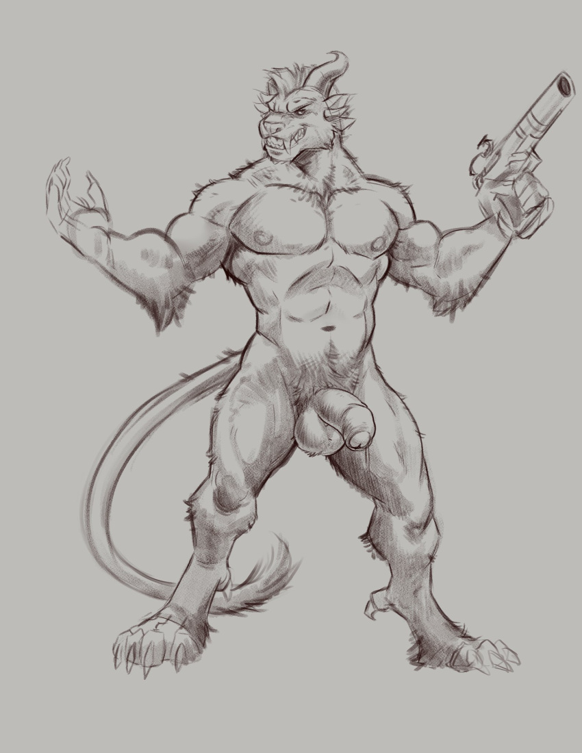 4_toes 5_fingers abs anthro areola arm_tuft badcoyote ball_tuft balls biceps big_balls big_muscles big_penis biped black_and_white body_hair broken_horn charr cheek_tuft chest_tuft claws digitigrade elbow_tuft erection facial_tuft fangs feet felid finger_claws fingers foot_tuft foreskin full-length_portrait genitals glans grinning_at_viewer guild_wars gun hair handgun happy_trail heel_tuft hi_res holding_gun holding_handgun holding_object holding_pistol holding_weapon horn humanoid_genitalia humanoid_penis leg_tuft line_art long_tail looking_at_viewer male mammal mohawk monochrome multi_ear muscular muscular_anthro muscular_male musket navel neck_tuft nipples nude open_mouth open_smile pecs penis pistol portrait presenting presenting_balls presenting_penis pubes ranged_weapon sharp_claws shoulder_tuft simple_background sketch smile smiling_at_viewer solo spread_arms standing tail tail_tuft teeth thick_penis toe_claws toes tuft urethra weapon white_background