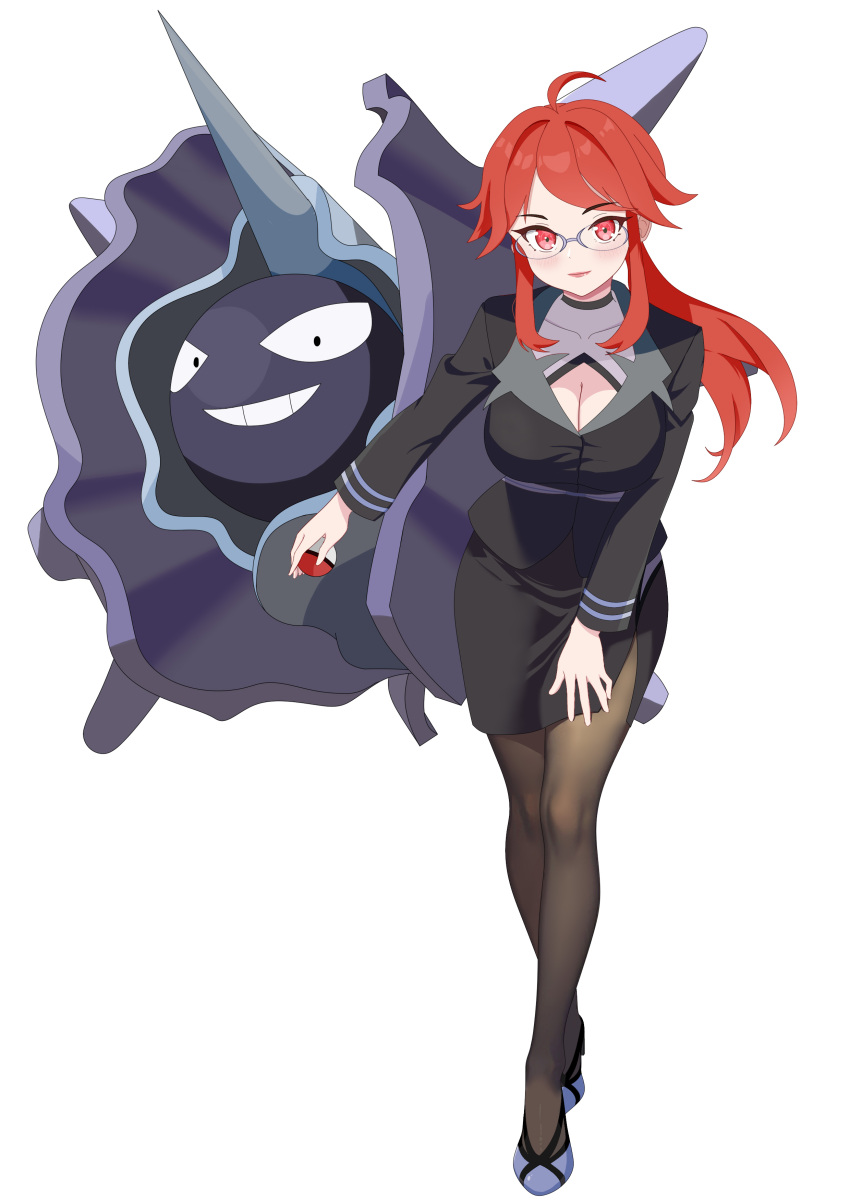 1girl absurdres ahoge baozi_9527 black_jacket black_skirt blush breasts cleavage closed_mouth cloyster commentary_request glasses grey_footwear highres holding holding_poke_ball jacket long_hair long_sleeves looking_at_viewer lorelei_(pokemon) orange_hair pantyhose poke_ball poke_ball_(basic) pokemon pokemon_(creature) pokemon_lgpe shoes sidelocks skirt smile white_background
