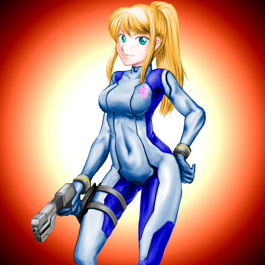 1girl aqua_eyes blonde_hair blue_bodysuit bodysuit breasts closed_mouth covered_navel gun hand_on_own_hip highres holding holding_gun holding_weapon holster long_hair medium_breasts metroid minamoto80486 paralyzer ponytail samus_aran smile solo thigh_holster weapon zero_suit