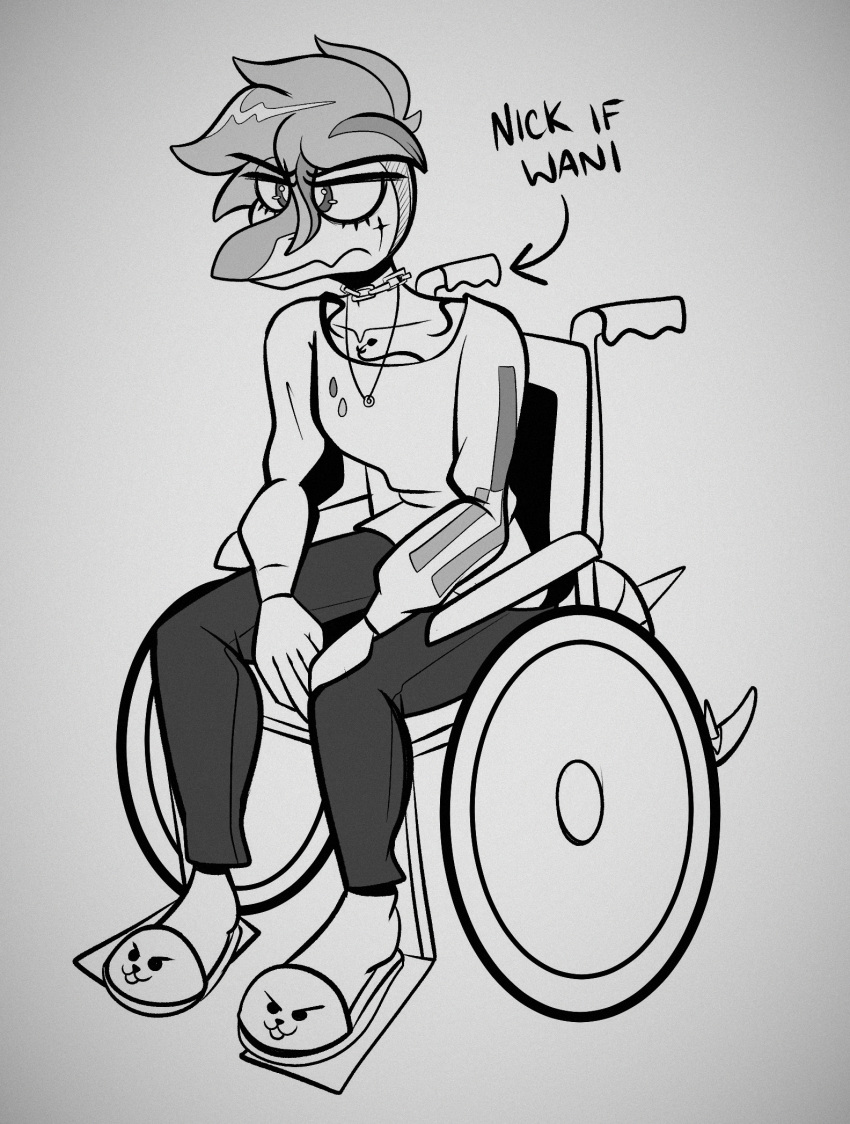 anthro clothed clothing cosplay dinosaur disability english_text female goodbye_volcano_high hair hi_res i_wani_hug_that_gator jewelry monochrome necklace nick_(gvh) olivia_(iwhtg) reptile scalie seven_(artist) sitting snoot_game solo tattoo text wheelchair
