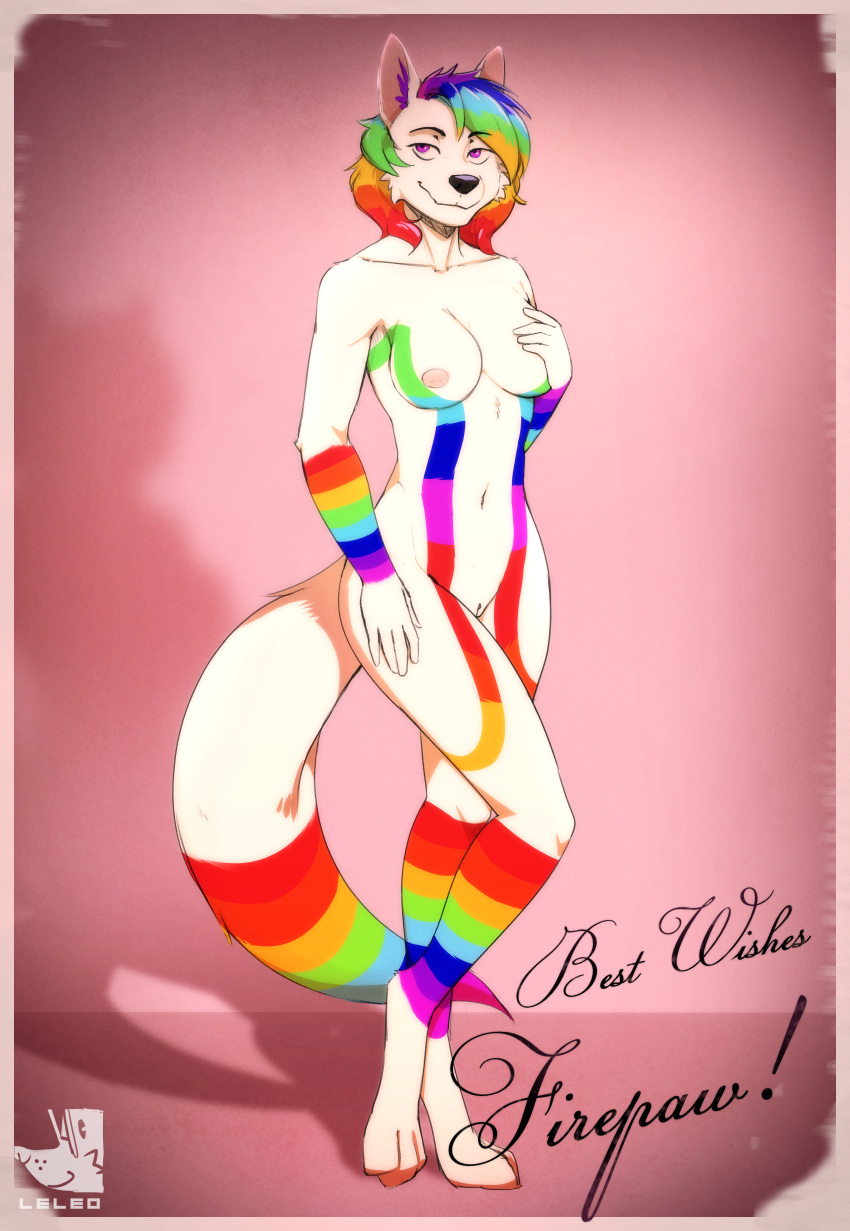 absurd_res canid canine canis firepaw firepaw_(firetigerpaw) hi_res huge_filesize leleo mammal pinup pose rainbow standing wolf