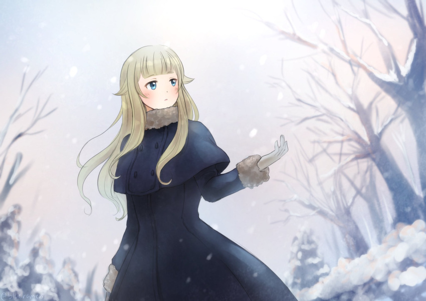 1girl black_dress blonde_hair blue_eyes cold commentary_request dress dutch_angle english_commentary floating_hair gloves highres long_hair long_sleeves looking_afar partial_commentary princess_(princess_principal) princess_principal signature sky snow snowflakes snowing solo tree white_gloves white_sky xin_(blueramen)