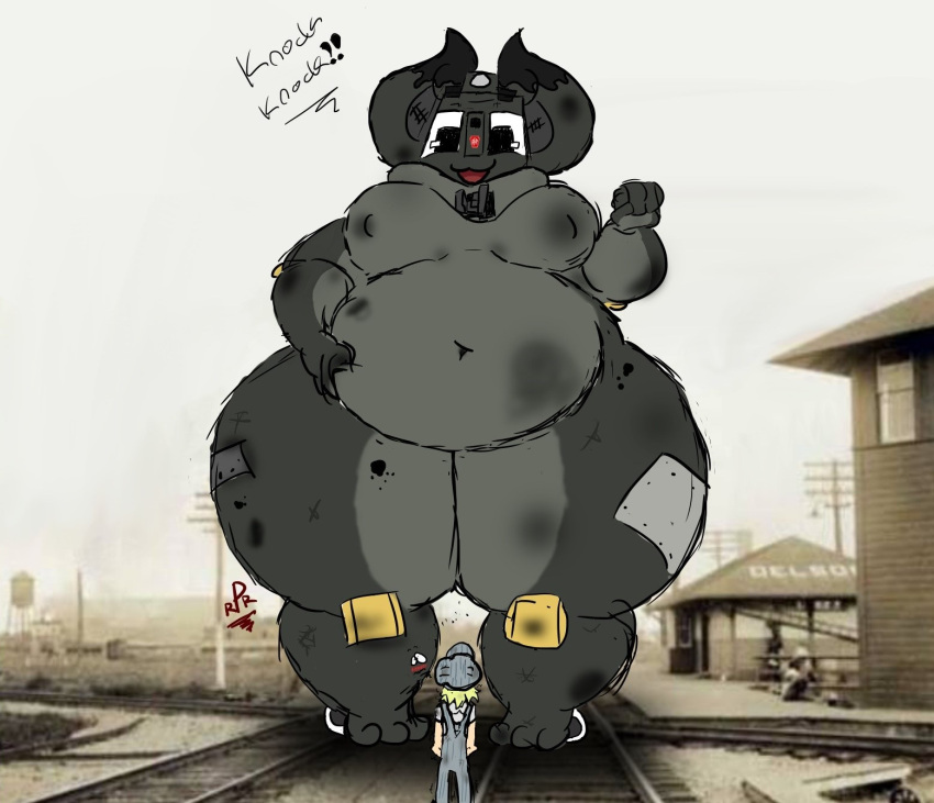 anthro belly belly_grab big_belly big_breasts big_ears breasts embarrassed engineer engineer_cap female grabbing_own_belly hi_res huge_belly human humanoid living_machine living_train living_vehicle locomorph machine macro male male/female mammal not_furry obese obese_female overweight overweight_female penelope_(pennsy) pennsy railway_track size_difference smile teasing text thick_neck thick_thighs train vehicle wide_hips