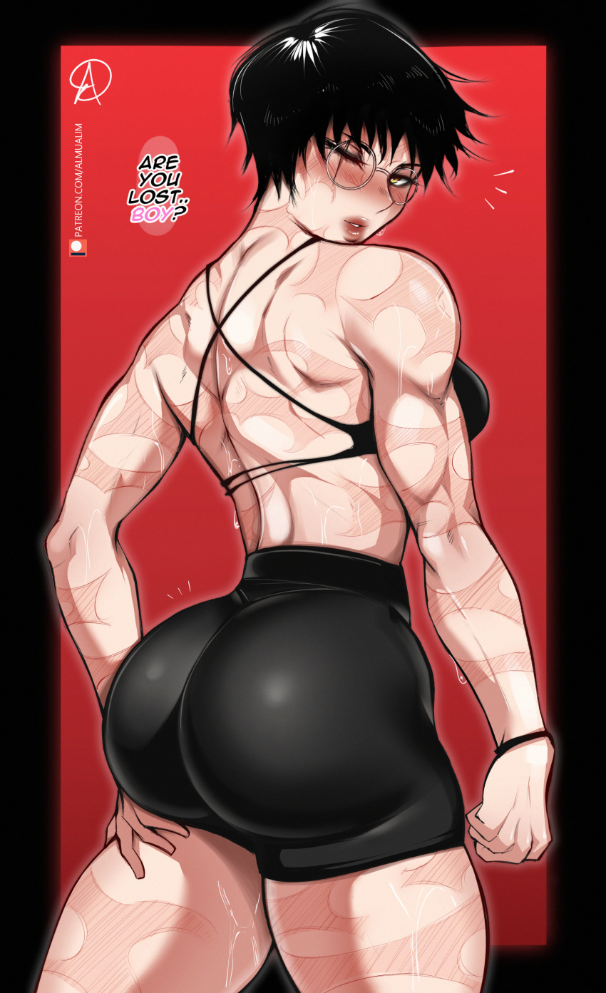 1girl absurdres almualim ass back black_hair blush english_text gym_uniform highres huge_ass jujutsu_kaisen looking_back muscular muscular_female one_eye_closed orange_eyes red_background short_hair signature solo thighs zen'in_maki