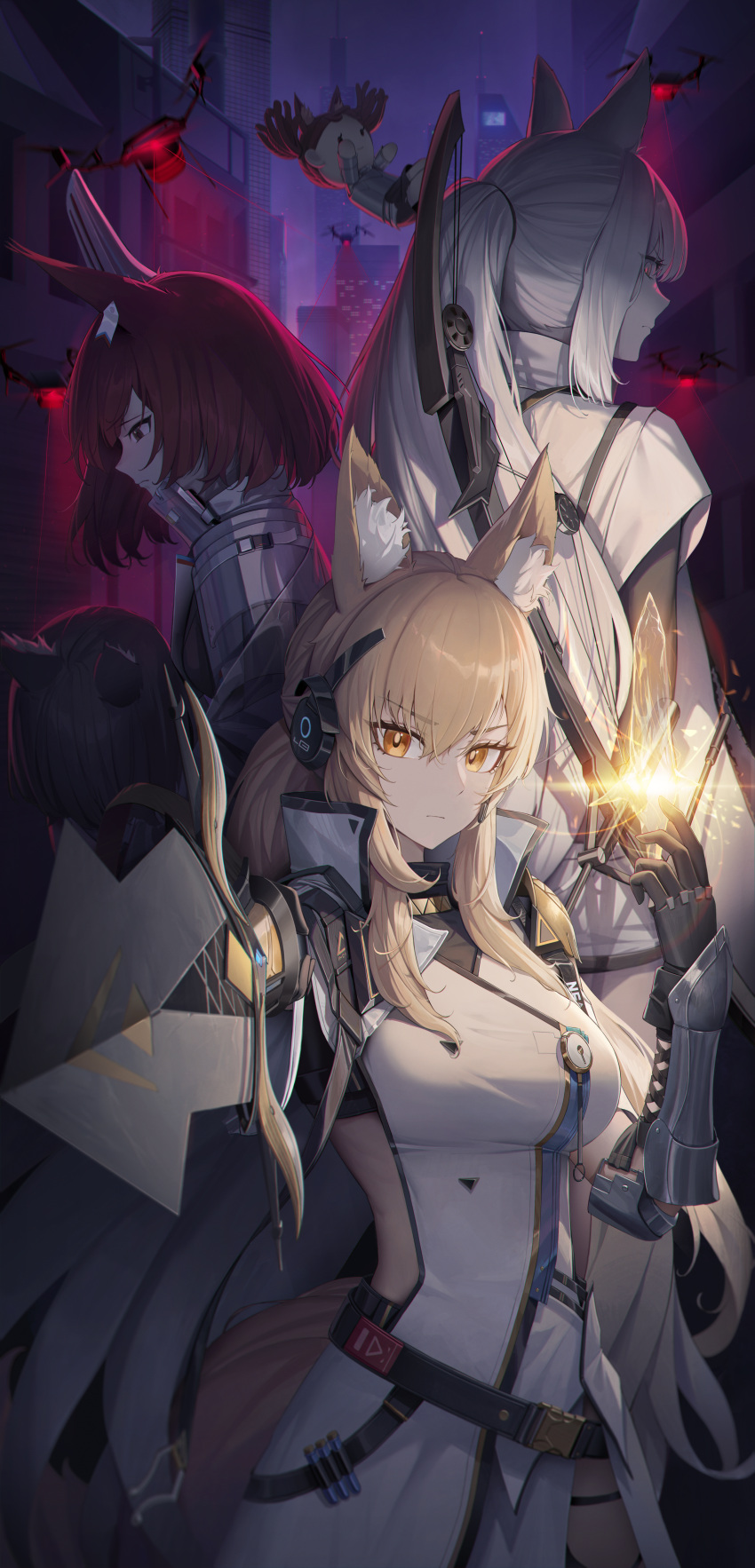 4girls absurdres alley animal_ear_fluff animal_ears arknights arm_guards armor belt black_gloves black_hair blonde_hair bow_(weapon) breasts carrying carrying_person cowboy_shot cryturtle doll dress drone extra flametail_(arknights) gloves glowing grey_hair highres holding holding_sword holding_weapon horse_ears horse_girl horse_tail large_breasts long_hair long_sleeves multiple_girls nearl_(arknights) nearl_the_radiant_knight_(arknights) orange_eyes outdoors outstretched_arm platinum_(arknights) ponytail red_eyes red_hair shoulder_armor sideless_outfit sidelocks squirrel_ears sword tail very_long_hair weapon white_dress yellow_eyes