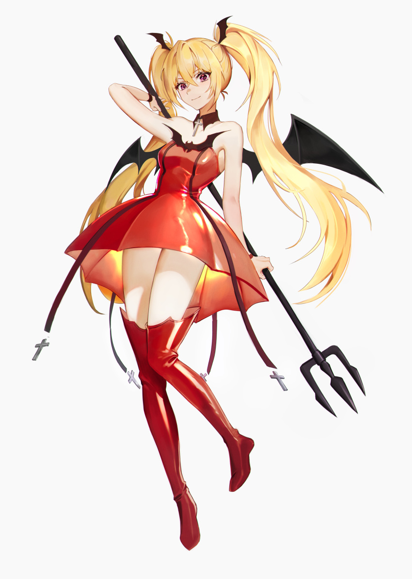 1girl absurdres blonde_hair boots chap_yun choker closed_mouth cross cross_choker demon demon_girl demon_wings dress full_body head_wings highres holding_trident hoshina_utau looking_at_viewer lunatic_charm polearm purple_eyes red_dress red_footwear shugo_chara! smile solo thigh_boots trident twintails weapon white_background wings