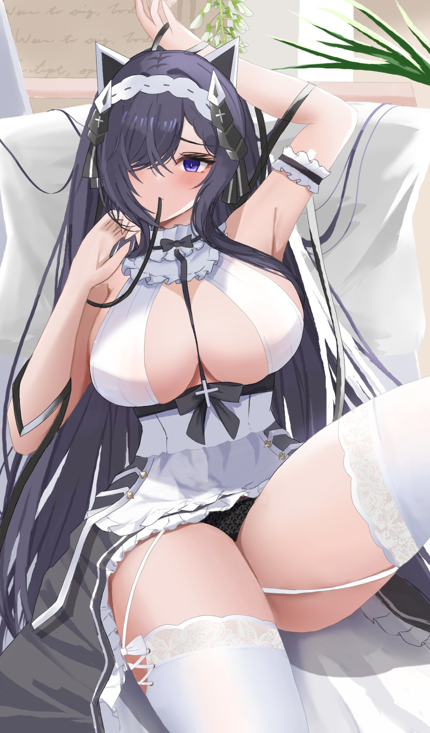 1girl absurdres apron august_von_parseval_(azur_lane) august_von_parseval_(the_conquered_unhulde)_(azur_lane) azur_lane between_breasts black_dress black_horns black_panties breasts cowboy_shot curled_horns dress garter_straps hair_over_one_eye highres horns indoors lace-trimmed_legwear lace_trim large_breasts long_hair maid_headdress mechanical_horns mouth_hold official_alternate_costume one_eye_covered panties purple_hair rei_tuki ribbon ribbon_in_mouth sleeveless sleeveless_dress solo strap_between_breasts thighhighs two-tone_dress underwear very_long_hair white_apron white_dress white_garter_straps white_thighhighs