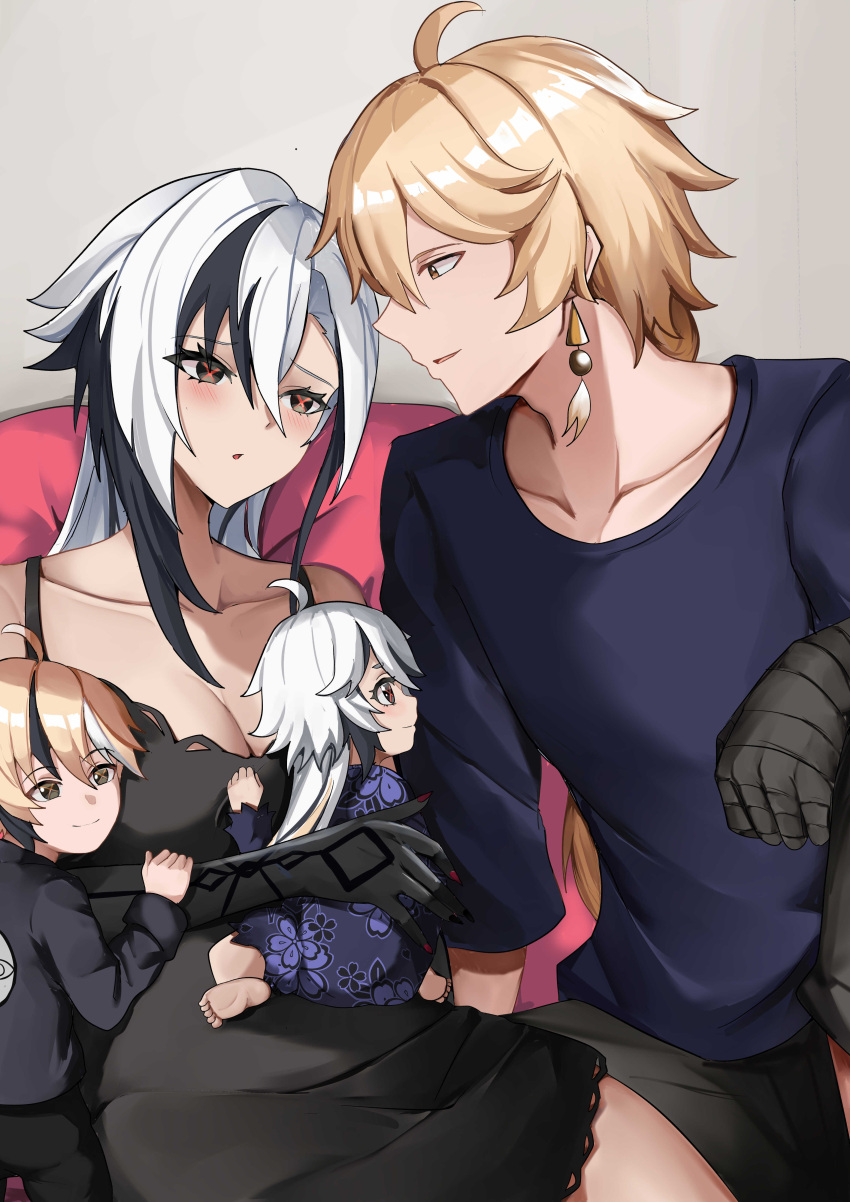 2boys 2girls absurdres aether_(genshin_impact) ahoge alternate_hair_length alternate_hairstyle arlecchino_(genshin_impact) black_dress black_hair black_shorts blonde_hair blue_shirt breasts brown_hair cleavage couch dress earrings family father_and_daughter father_and_son genshin_impact hetero highres jewelry mother_and_daughter mother_and_son multicolored_hair multiple_boys multiple_girls shirt shorts sleeveless sleeveless_dress tian_kazuki two-tone_hair white_hair