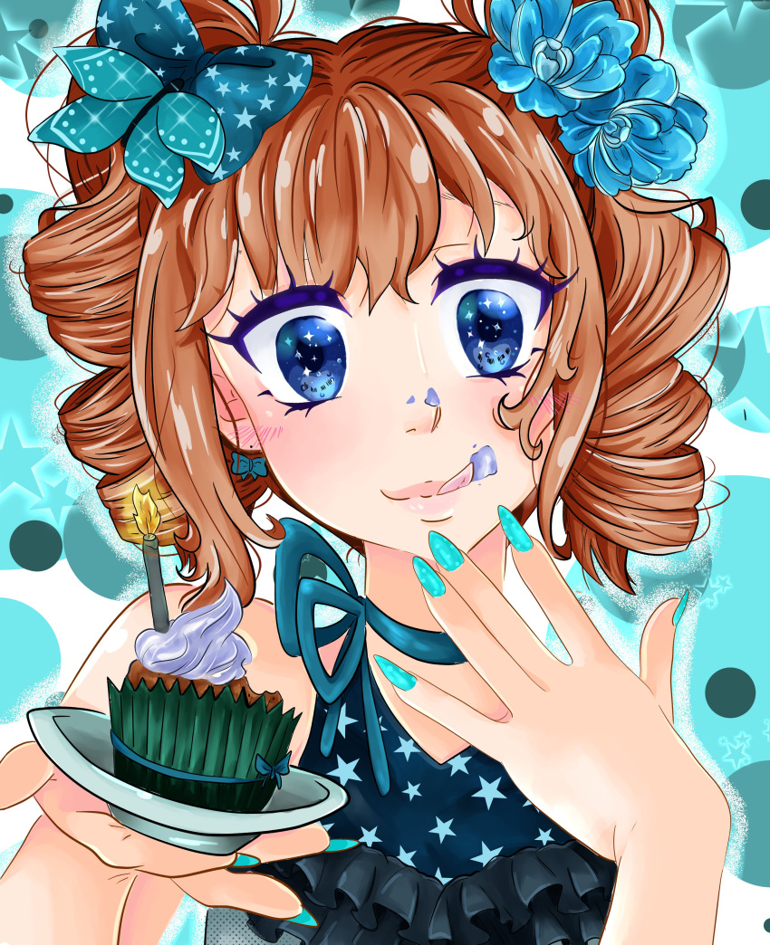 absurdres blue_eyes blue_nails brown_hair butterfly_hair_ornament clip_studio_paint_(medium) cupcake double_bun flower food hair_bun hair_flower hair_ornament hair_ribbon happy_birthday highres kyranyan nail_polish original ribbon smile solo tsukishima_kirari twintails