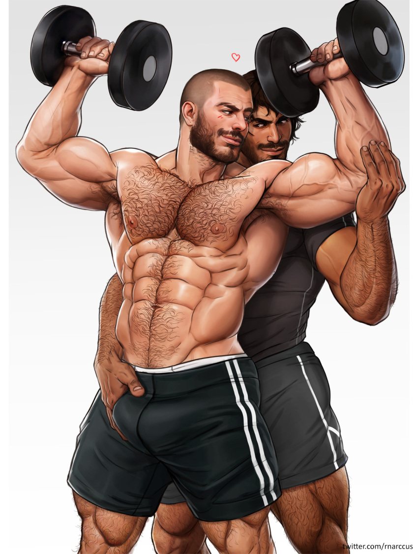 2boys abs bara biceps black_hair black_shirt black_shorts chest_hair couple crotch_grab dark-skinned_male dark_skin dumbbell exercise facial_hair highres large_pectorals leg_hair looking_at_another male_focus marcus_(rnarccus) multiple_boys muscular muscular_male navel navel_hair nipples original pectorals shirt short_hair shorts simple_background smile topless_male twitter_username very_short_hair weightlifting white_background yaoi