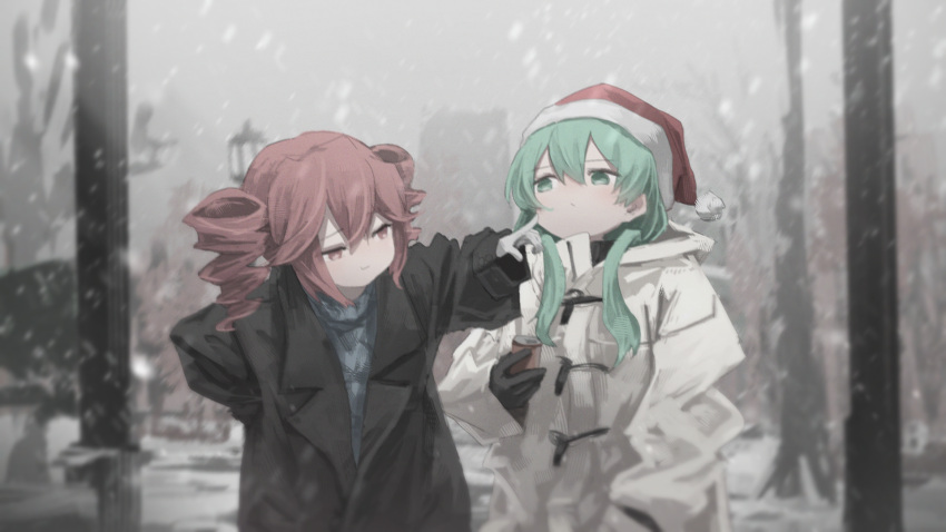 2girls :/ alternate_costume alternate_hairstyle aqua_eyes aqua_hair black_coat black_gloves blue_sweater blurry blurry_background can cheek_poking closed_mouth coat commentary_request day drill_hair eye_contact gloves hair_over_shoulder half-closed_eyes hand_in_pocket hat hatsune_miku highres holding holding_can jacket kasane_teto lamppost leaning_forward long_hair long_sleeves looking_at_another looking_to_the_side low_twintails multiple_girls no_pupils outdoors overcast pan_(ryu) poking red_eyes red_hair santa_hat sky smirk snowing sweater turtleneck turtleneck_sweater twin_drills twintails upper_body utau vocaloid white_gloves white_jacket