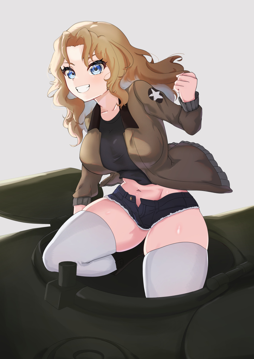 1girl absurdres black_shirt blonde_hair blue_eyes blue_shorts brown_jacket clenched_hand commentary cutoffs denim denim_shorts emblem girls_und_panzer grey_background grin hair_intakes highres jacket kay_(girls_und_panzer) knee_up long_hair long_sleeves looking_at_viewer m4_sherman micro_shorts midriff military_uniform military_vehicle motor_vehicle navel on_vehicle open_clothes open_jacket saunders_military_uniform shirt shorts simple_background smile solo standing star_(symbol) tank tenpura32200 thighhighs uniform white_thighhighs