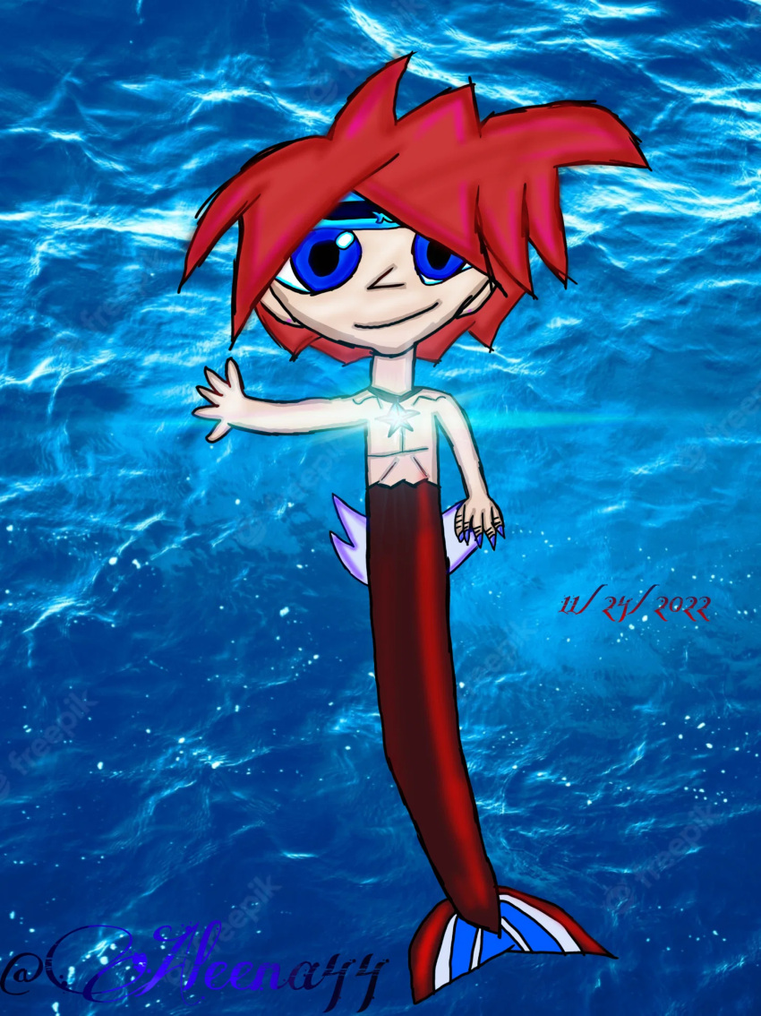 1boy absurdres aleena44 blue_eyes commentary concept_art dated english_commentary headband highres merman monster_boy non-web_source ocean red_hair self-upload solo soma soma_bringer spiked_hair tail underwater waving welt_(soma_bringer)