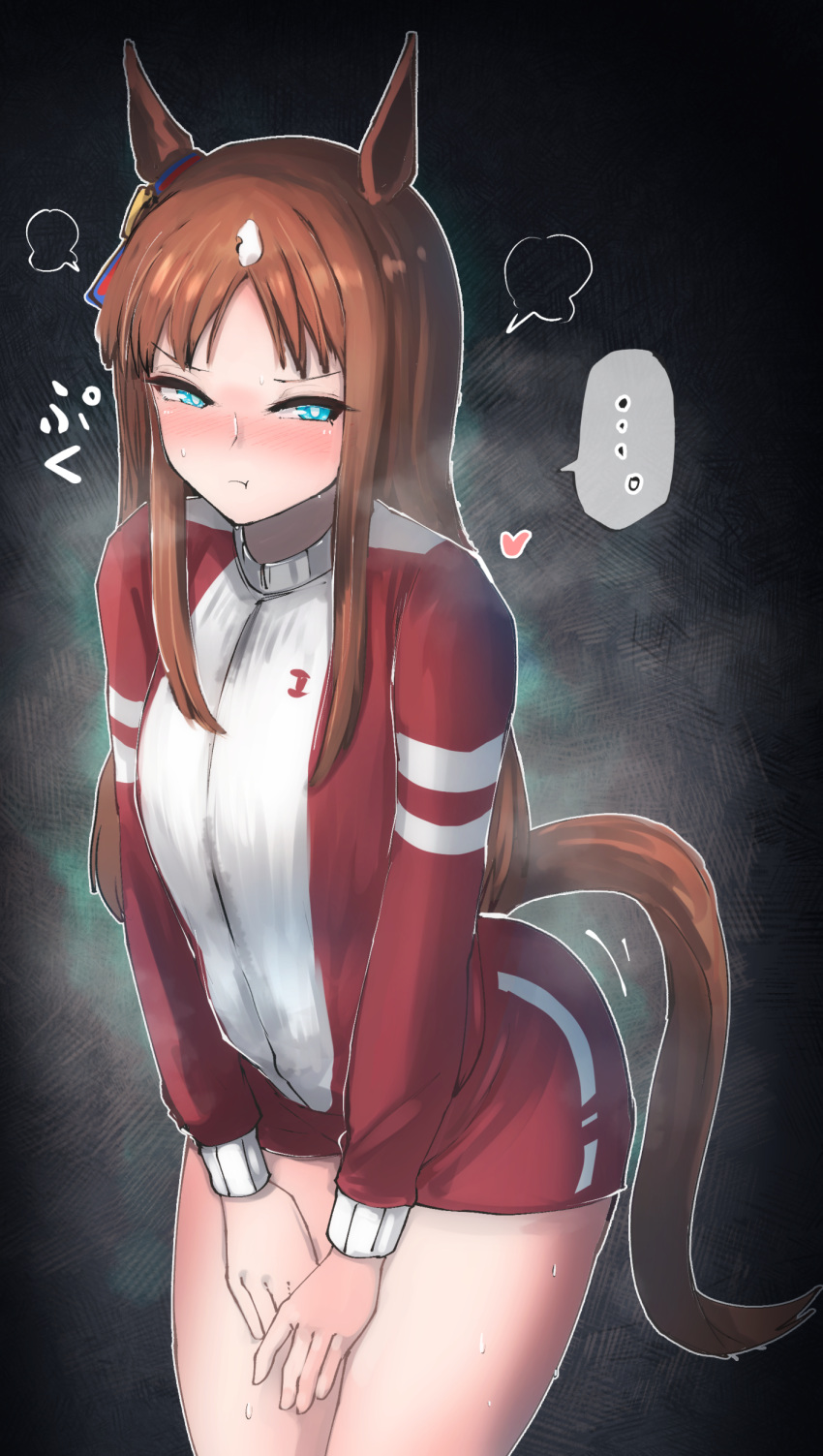 ... 1girl absurdres alternate_costume animal_ears annoyed blue_eyes blush brown_hair closed_mouth commentary_request covering covering_crotch dark_background ear_ornament grass_wonder_(umamusume) highres horse_ears horse_tail jacket kanikama25 long_hair pout shorts simple_background solo spoken_ellipsis steaming_body sweat tail thighs track_jacket umamusume visible_air
